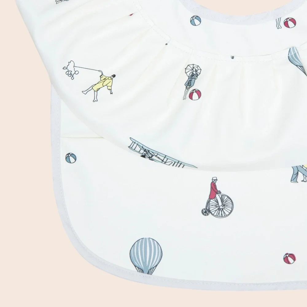 Vintage Style Hot Air Balloon Biplane Print Baby Bib W/ Ruffle Catch-All Pocket